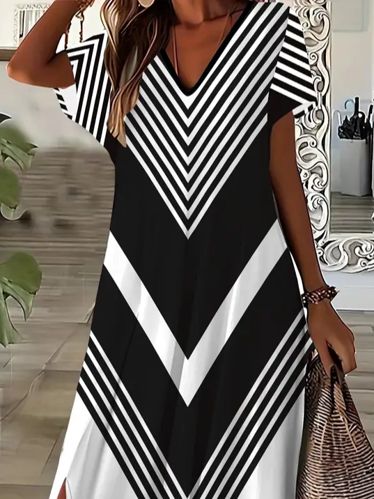 Women Geometric Summer Printing Dress V Neck Short Sleeve X-Line Dress