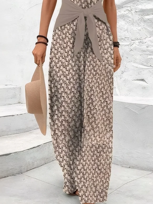 Women Geometric V Neck Sleeveless Vintage Summer Jumpsuit