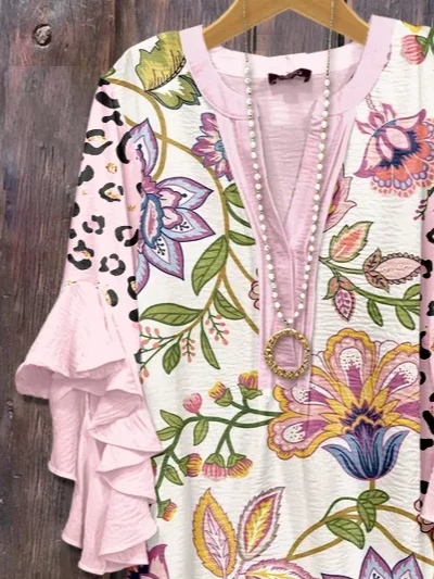 V Neck Half Sleeve Floral Printing Regular Loose Shirt For Women