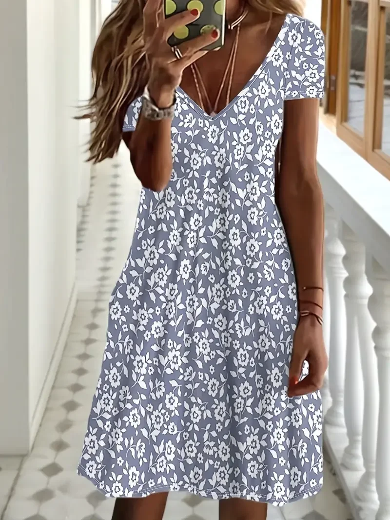Women Floral Summer Printing Dress V Neck Short Sleeve Fit & Flare Dress A-Line Dress