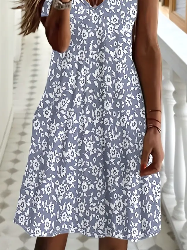 Women Floral Summer Printing Dress V Neck Short Sleeve Fit & Flare Dress A-Line Dress