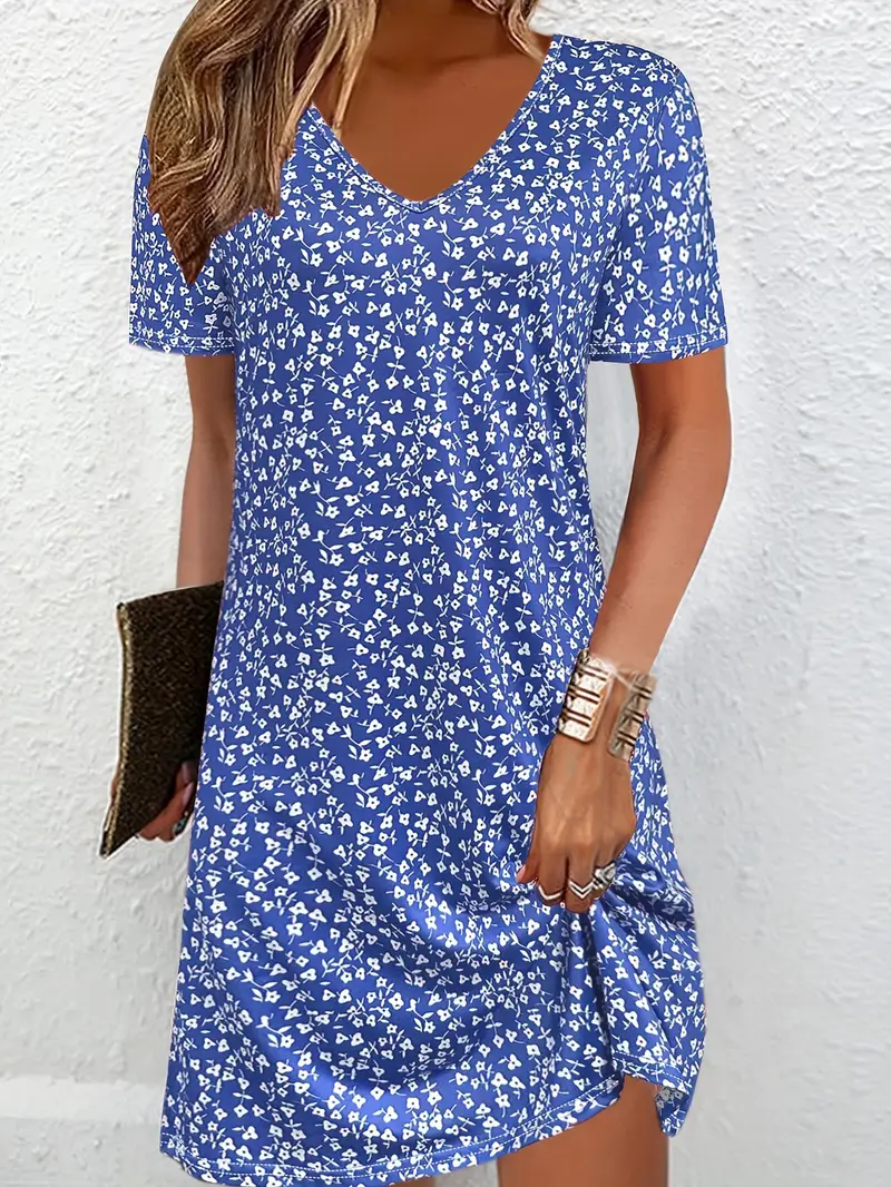 Women Floral Summer Printing Dress V Neck Short Sleeve Fit & Flare Dress A-Line Dress