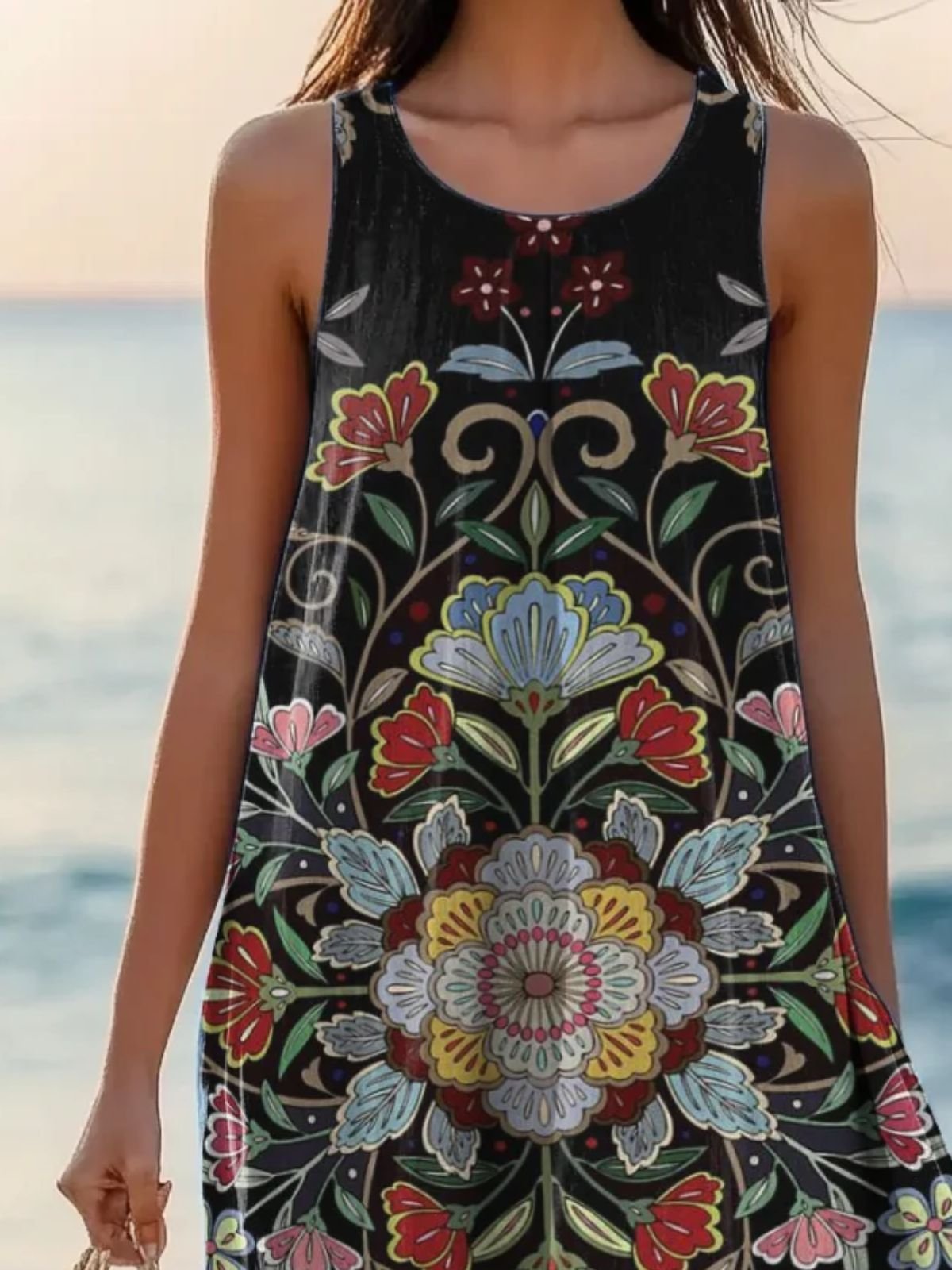 Women Ethnic Summer Dress Crew Neck Sleeveless A-Line Dress