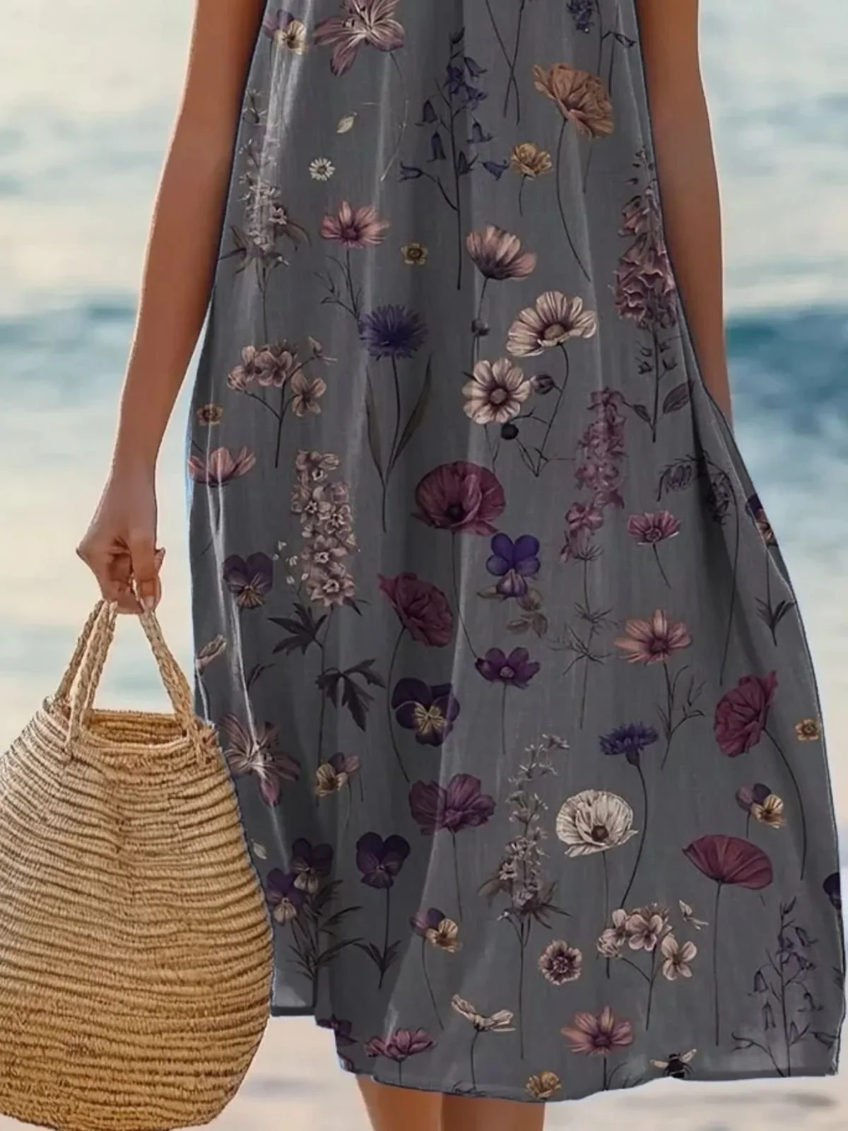 Women Floral Summer Dress Crew Neck Sleeveless A-Line Dress