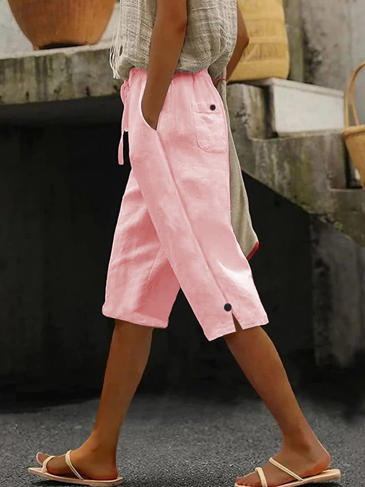 Women Plain Capris Elastic Waist Pants Casual Summer Trousers