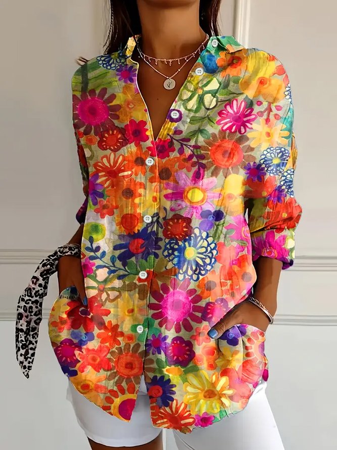 Colorful Floral Print Buckle Regular Loose Button Up Shirt For Women