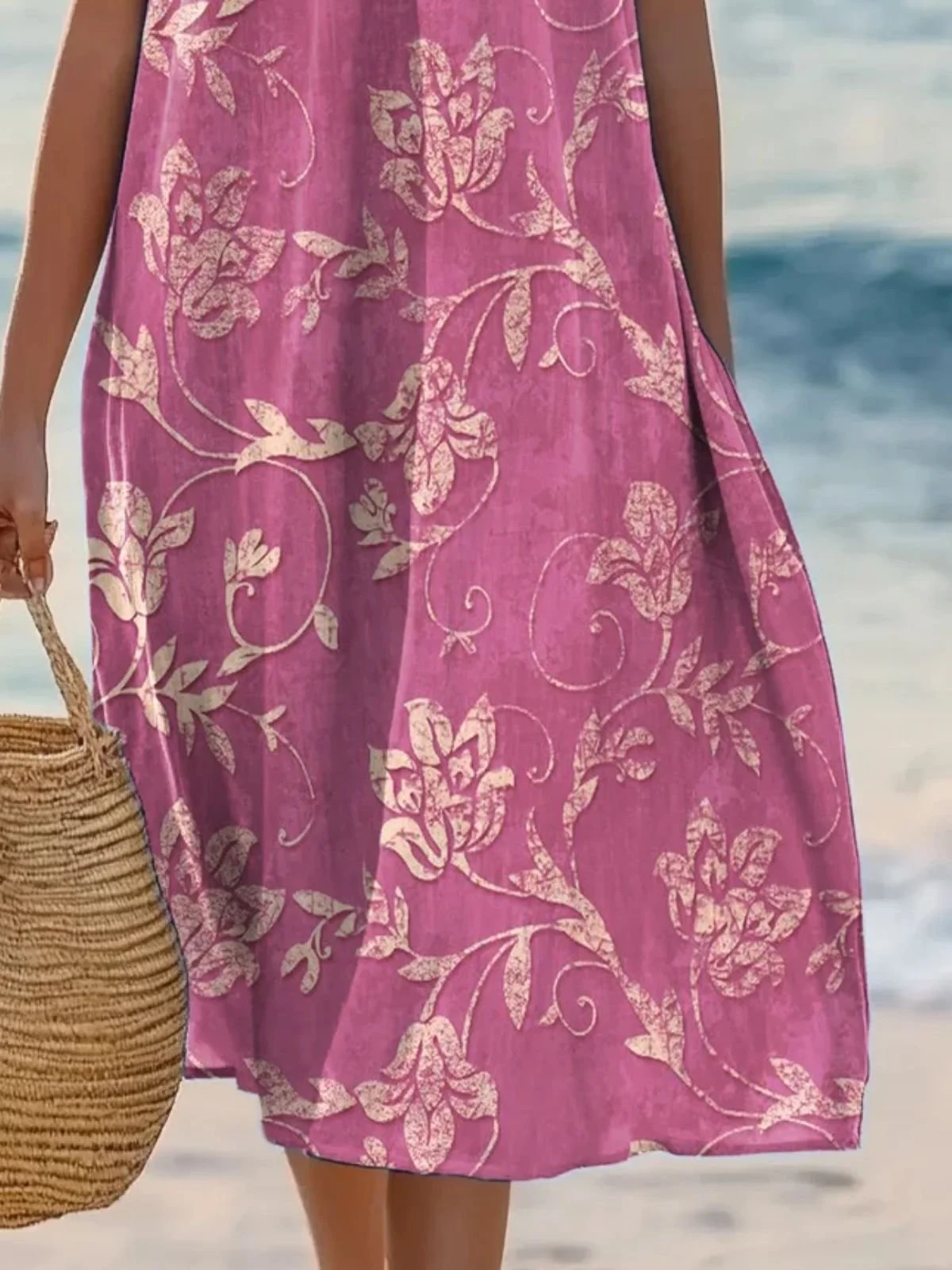 Women Leaf Summer Dress Crew Neck Sleeveless A-Line Dress