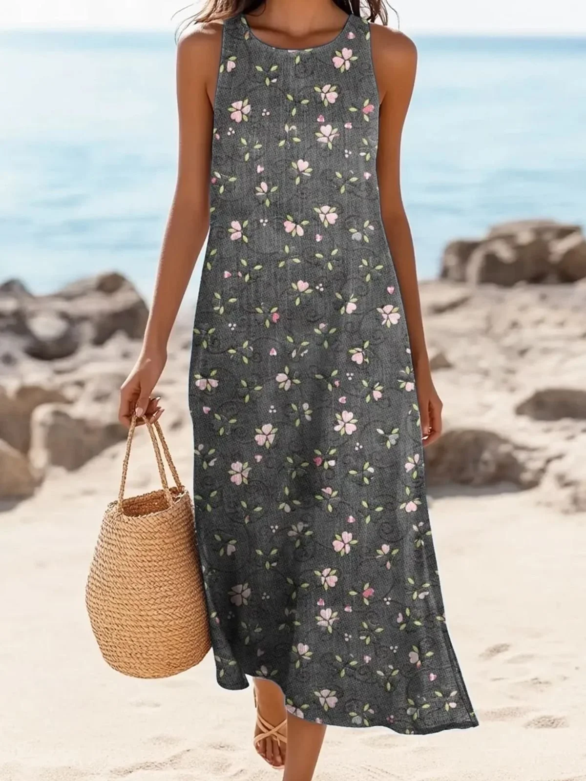 Women Floral Summer Dress Crew Neck Sleeveless A-Line Dress