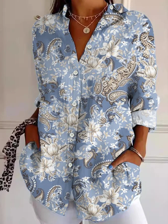 Shirt Collar Long Sleeve Cashew Flowers Regular Loose Shirt For Women