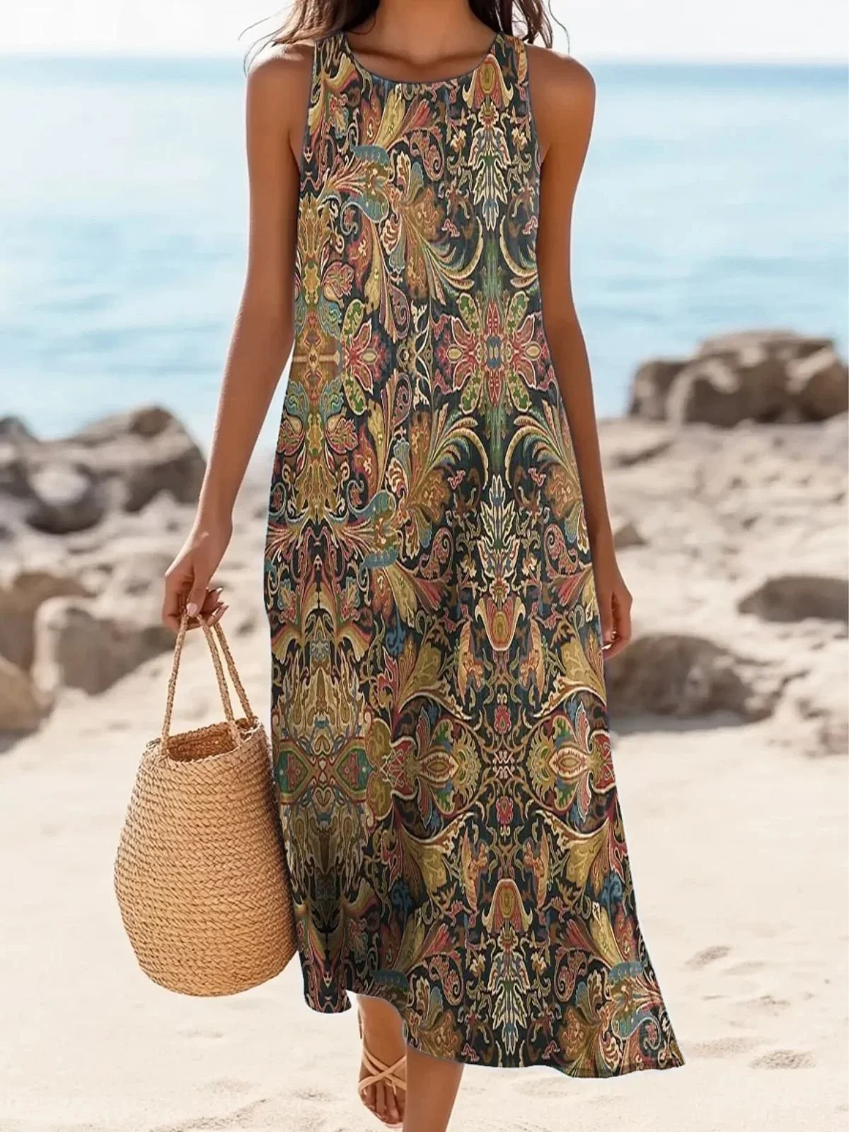 Women Floral Summer Dress Crew Neck Sleeveless A-Line Dress