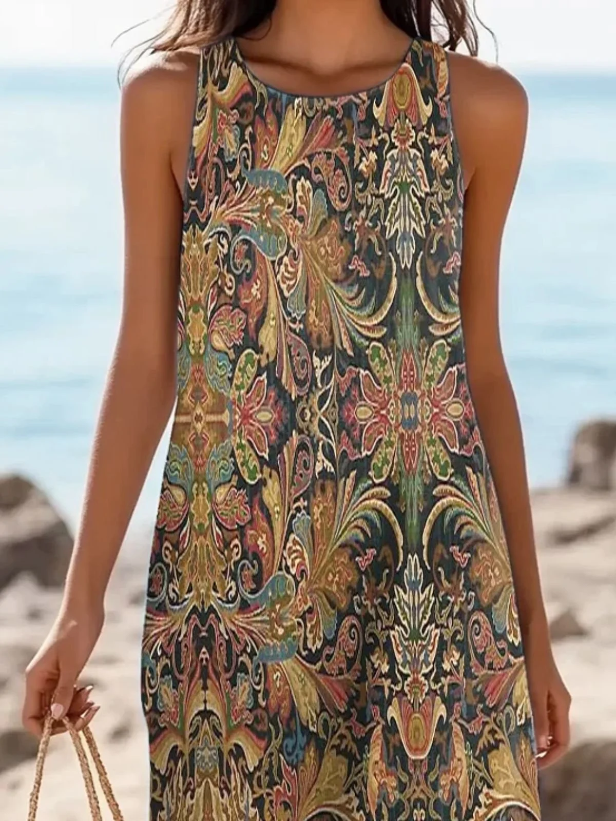 Women Floral Summer Dress Crew Neck Sleeveless A-Line Dress