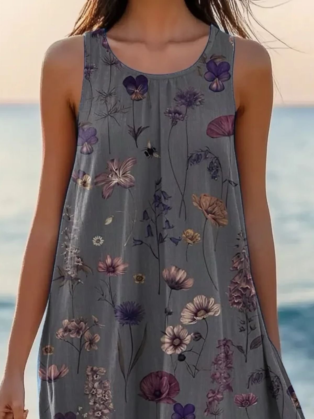 Women Floral Summer Dress Crew Neck Sleeveless A-Line Dress