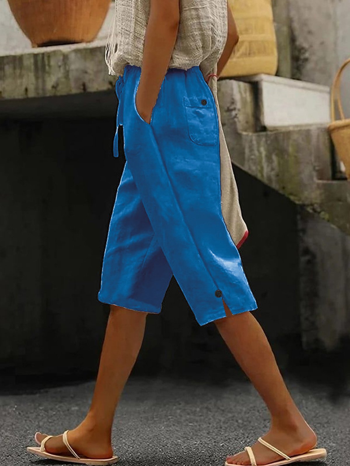 Women Plain Capris Elastic Waist Pants Casual Summer Trousers