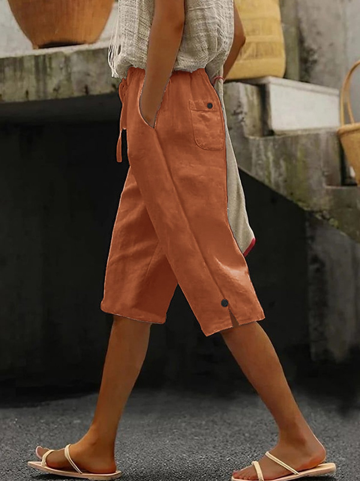 Women Plain Capris Elastic Waist Pants Casual Summer Trousers