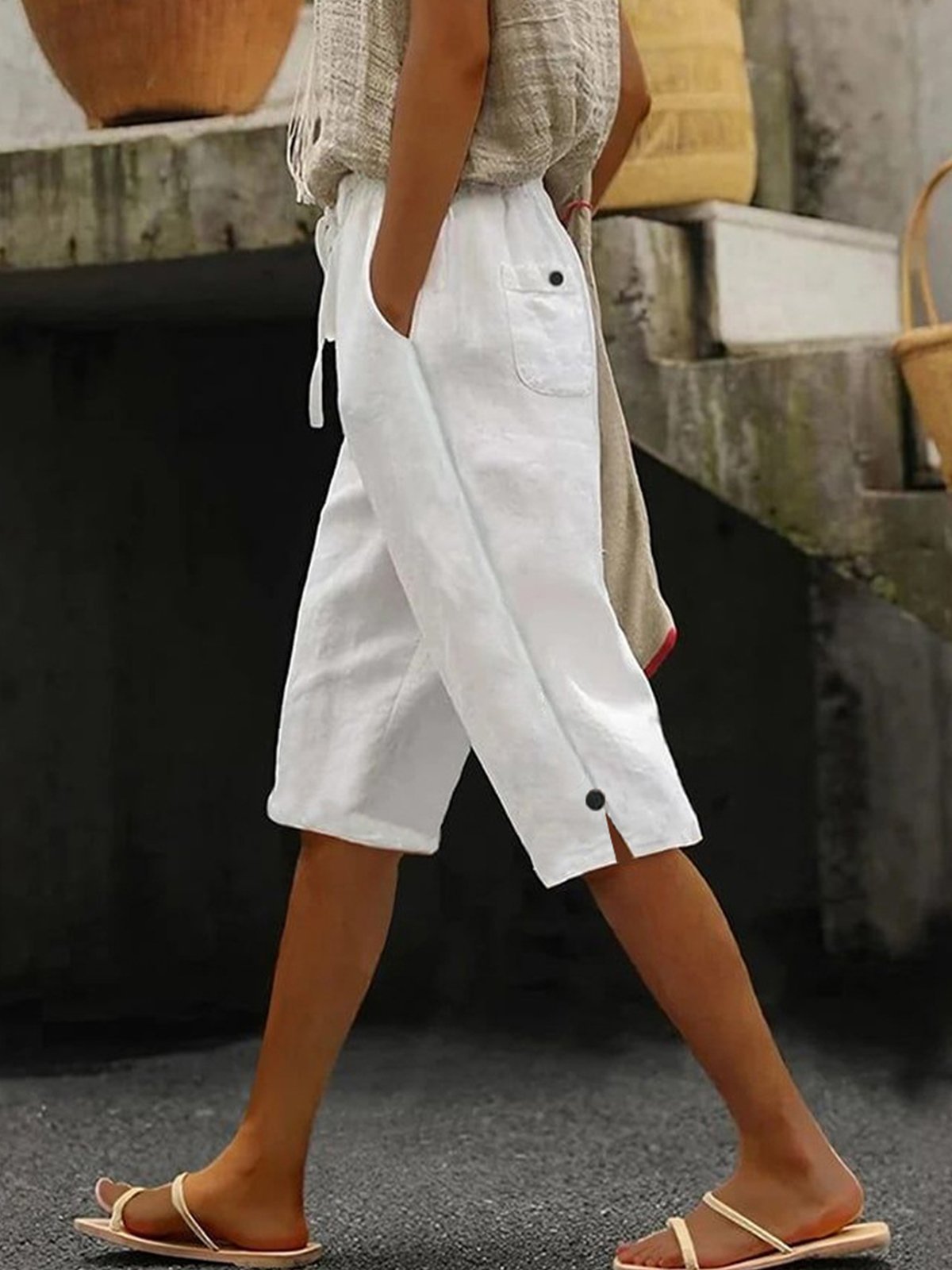 Women Plain Capris Elastic Waist Pants Casual Summer Trousers