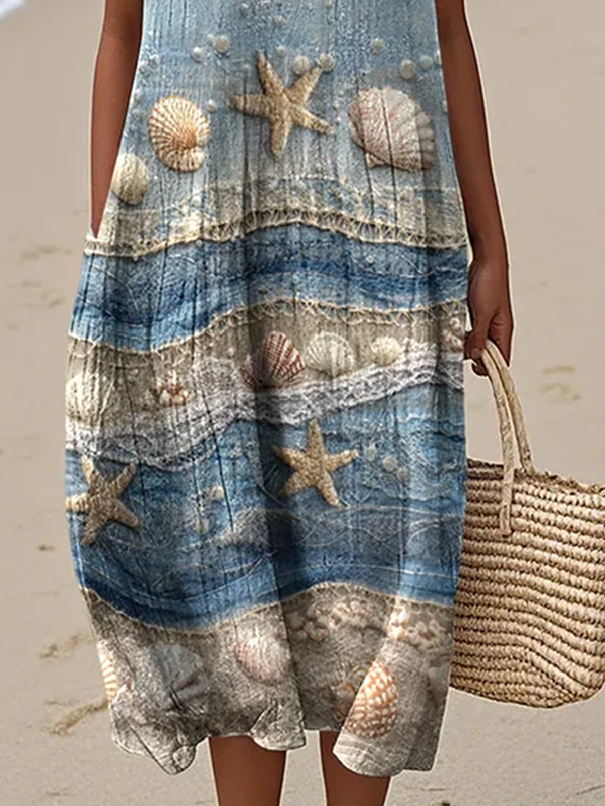 Women Chevron Summer Dress Crew Neck Sleeveless A-Line Dress