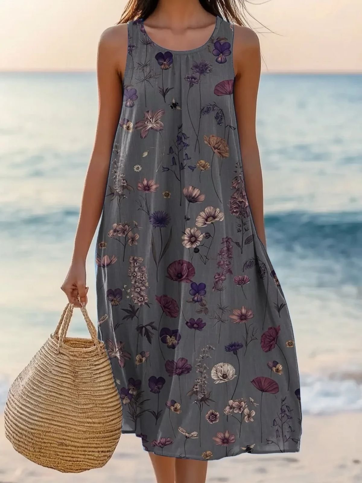 Women Floral Summer Dress Crew Neck Sleeveless A-Line Dress