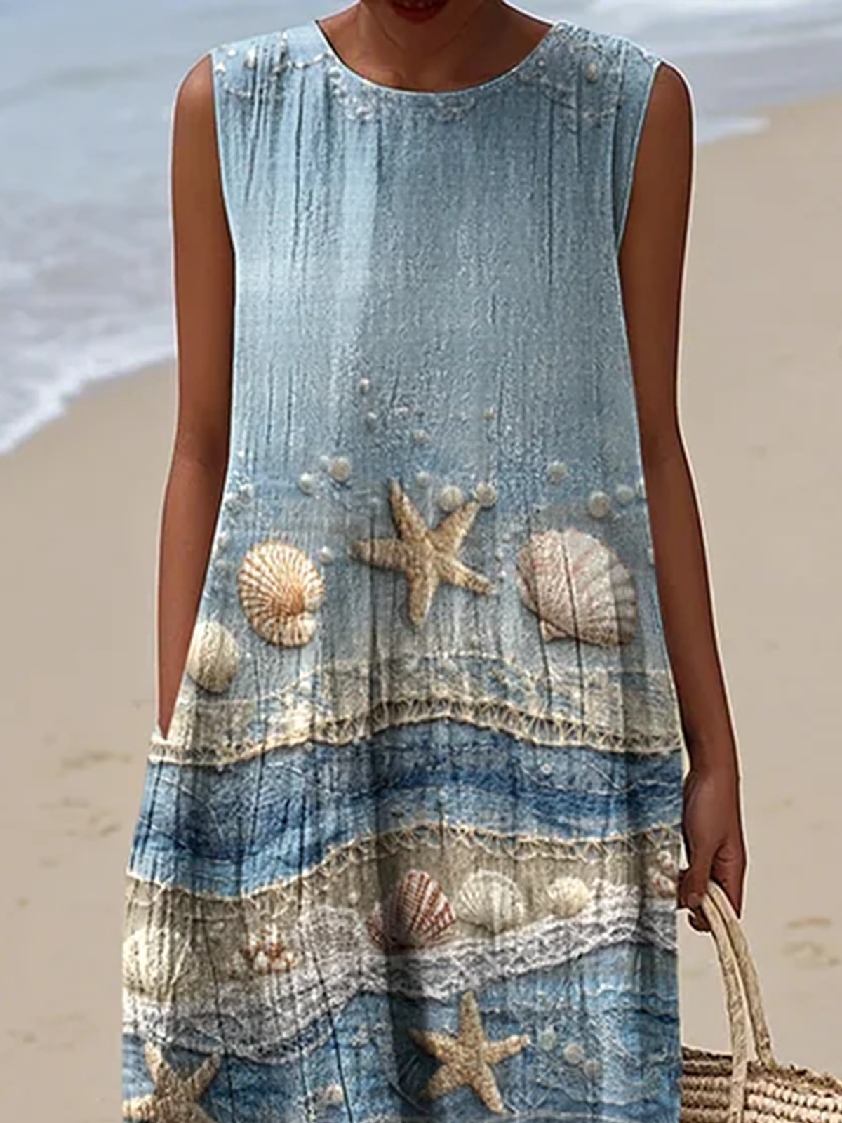 Women Chevron Summer Dress Crew Neck Sleeveless A-Line Dress