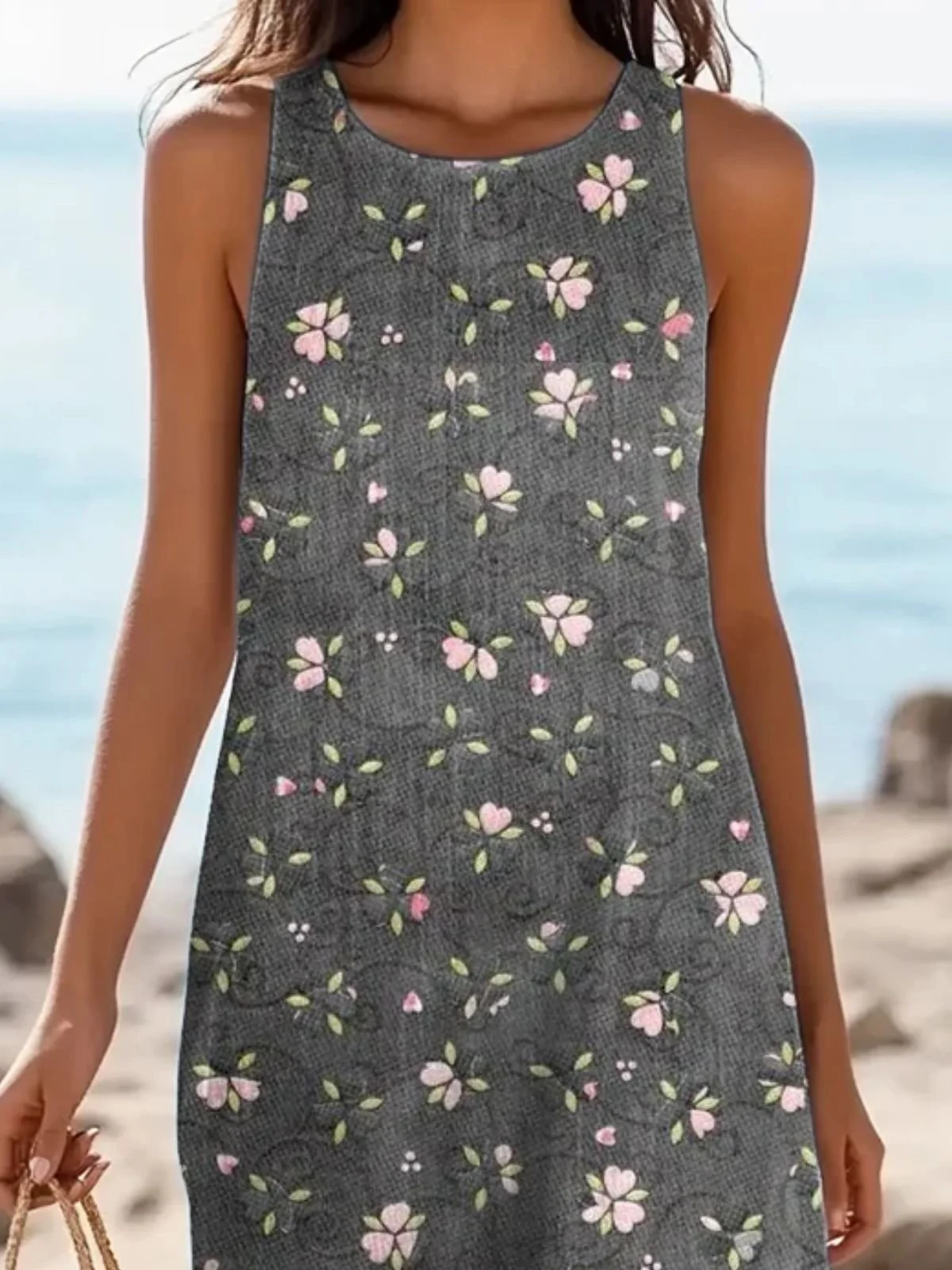 Women Floral Summer Dress Crew Neck Sleeveless A-Line Dress