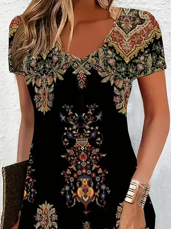 Women Floral Summer Printing Dress V Neck Short Sleeve Fit & Flare Dress A-Line Dress