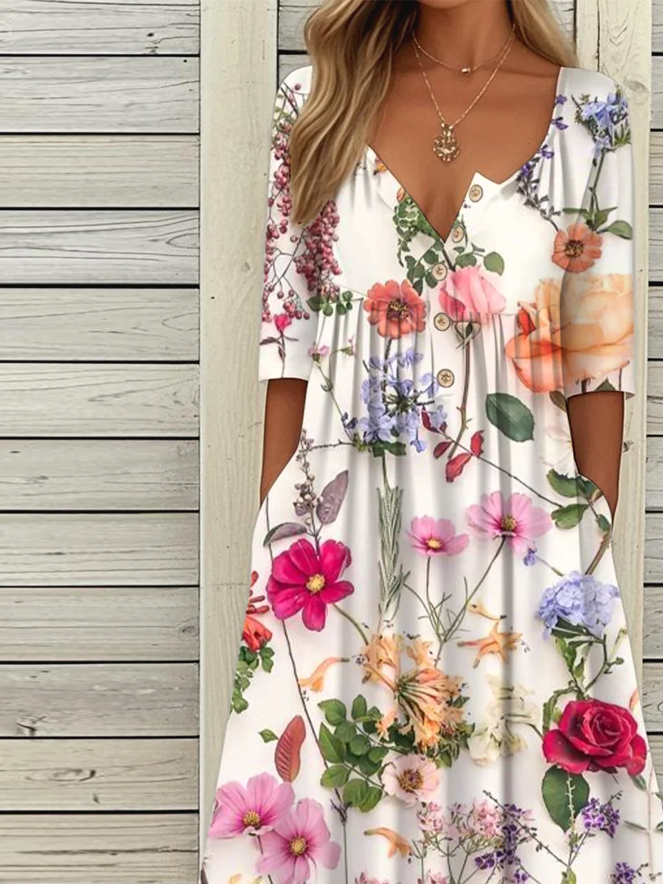 Women Floral Summer Dress Half Open Collar Half Sleeve A-Line Dress