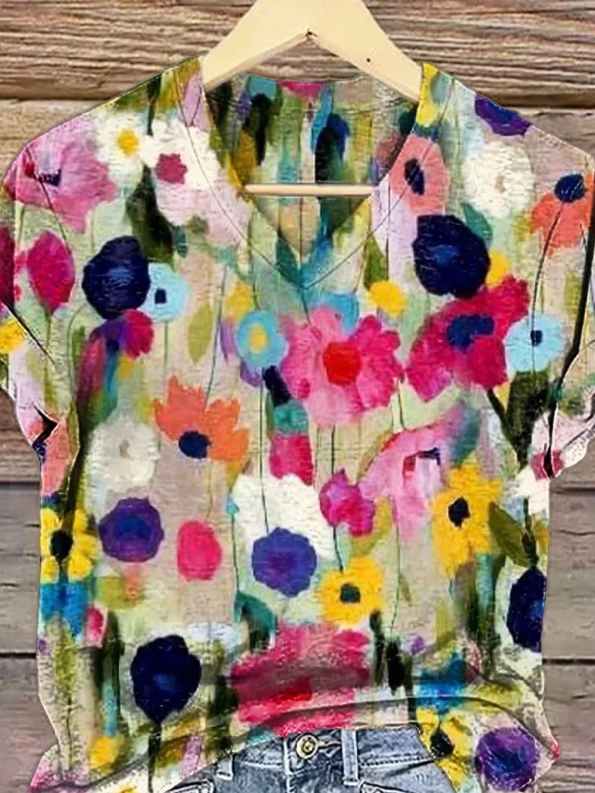 Casual Floral V Neck Short Sleeve T-shirt