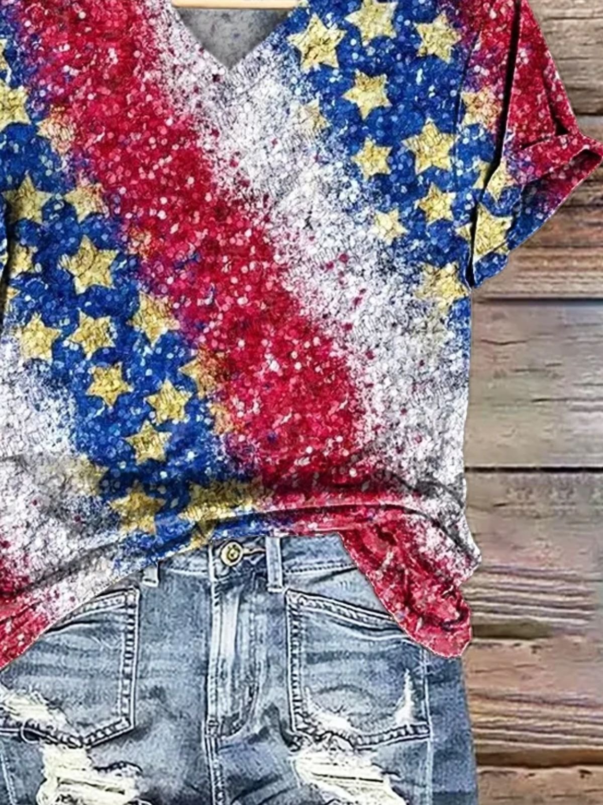 Casual America Flag V Neck Short Sleeve T-shirt