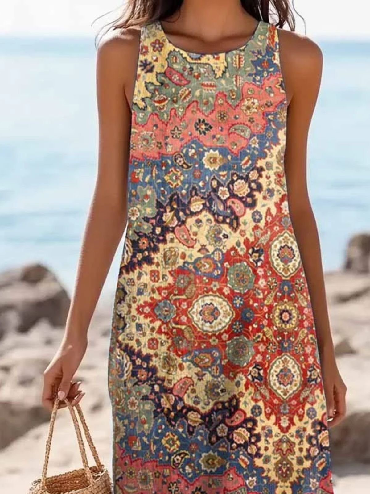 Women Floral Summer Dress Crew Neck Sleeveless A-Line Dress