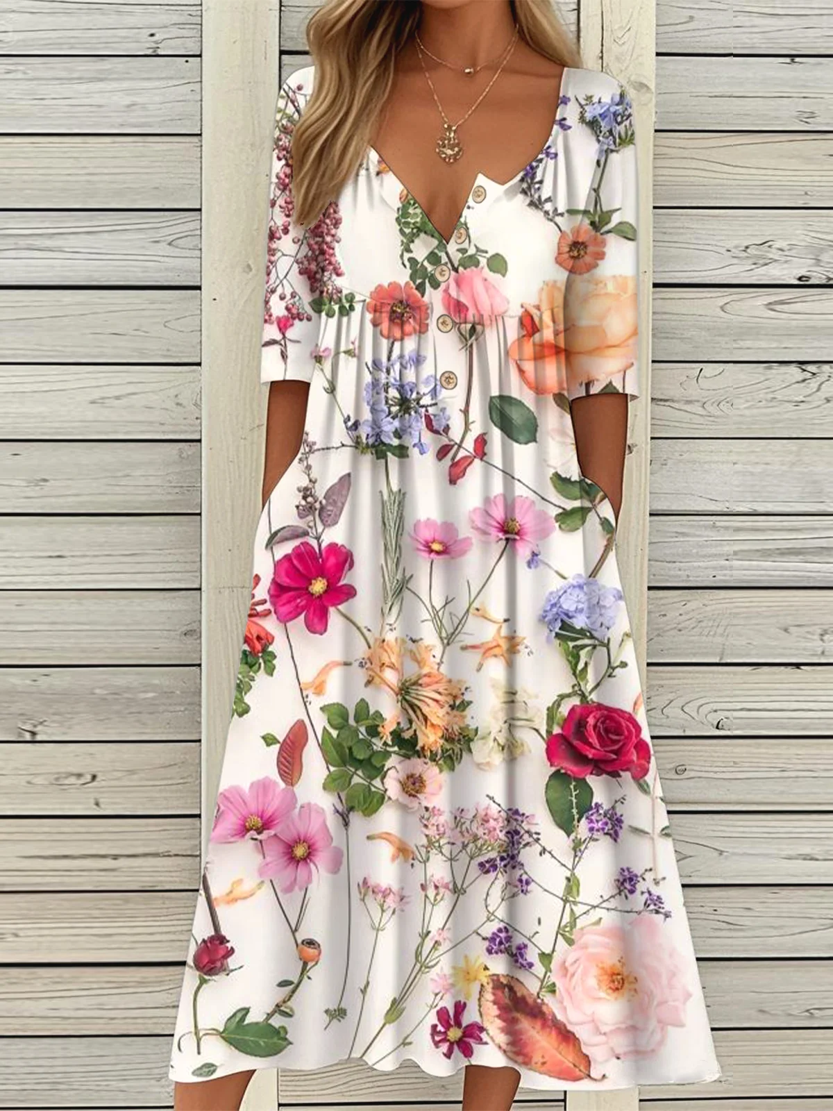 Women Floral Summer Dress Half Open Collar Half Sleeve A-Line Dress