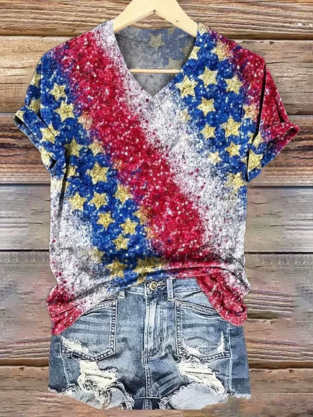 Casual America Flag V Neck Short Sleeve T-shirt