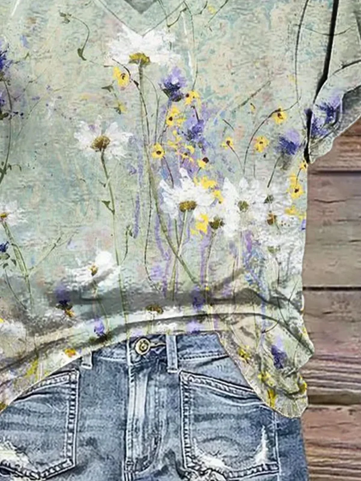 Casual Floral V Neck Short Sleeve T-shirt