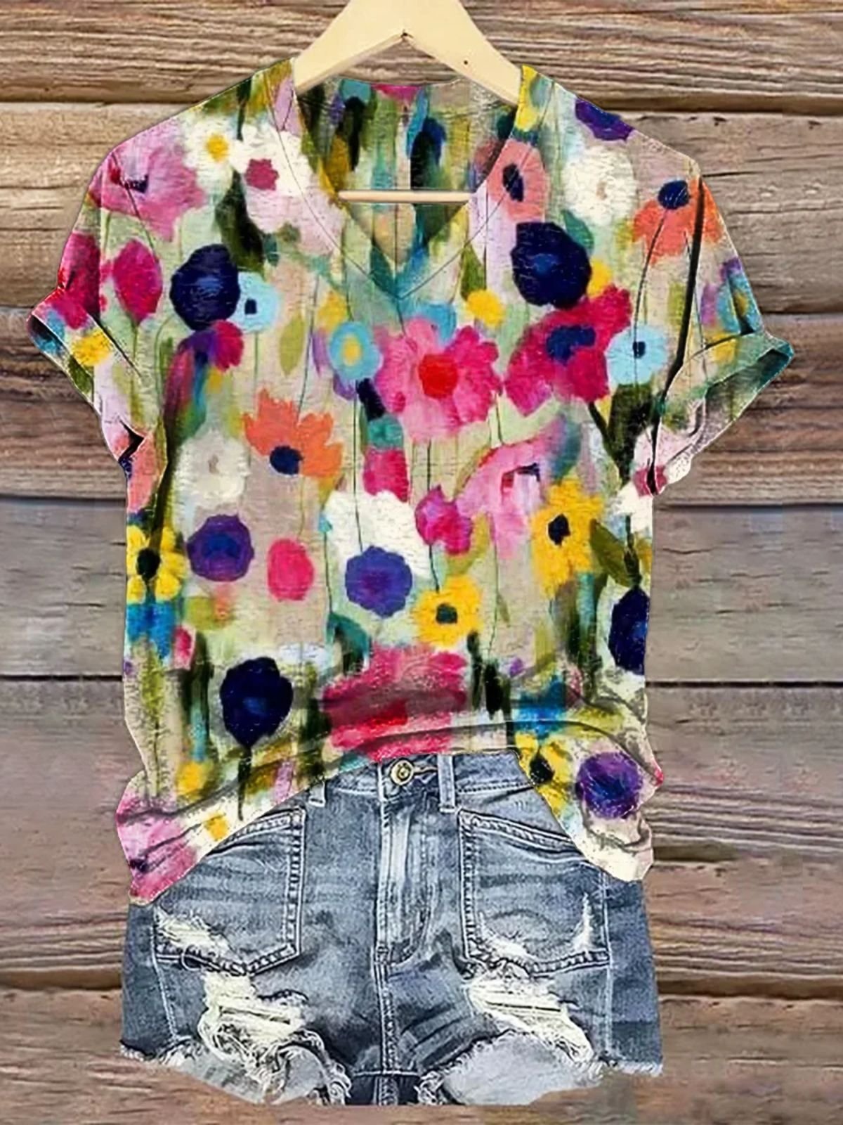 Casual Floral V Neck Short Sleeve T-shirt