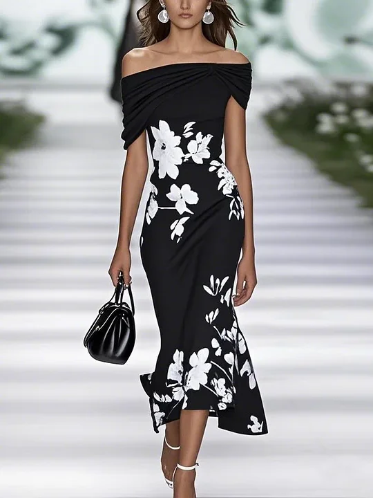 Women Floral Summer Printing Dress Cold Shoulder Cap Sleeve H-Line Dress