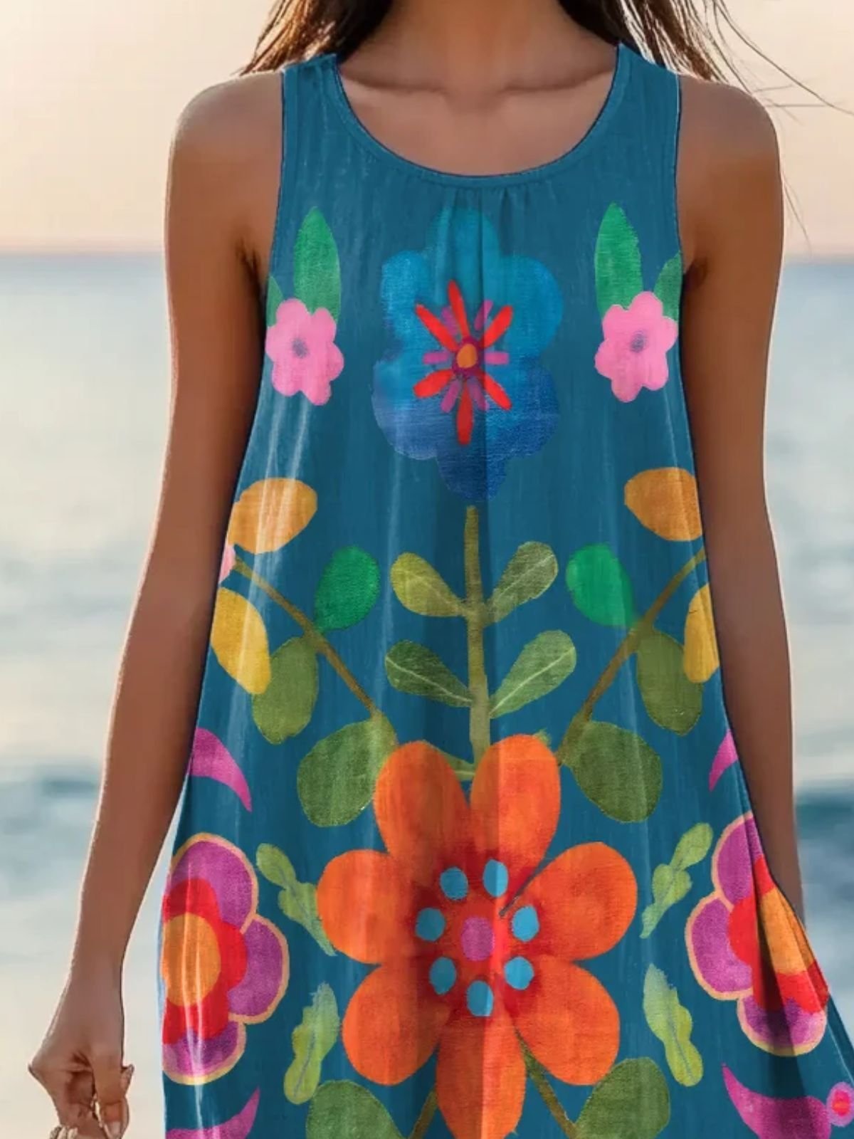 Women Floral Summer Dress Crew Neck Sleeveless A-Line Dress