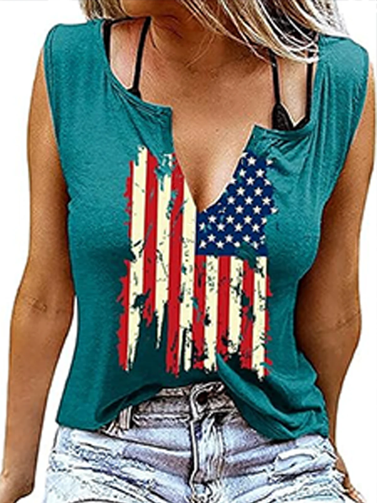 Casual Notched America Flag Tank Top