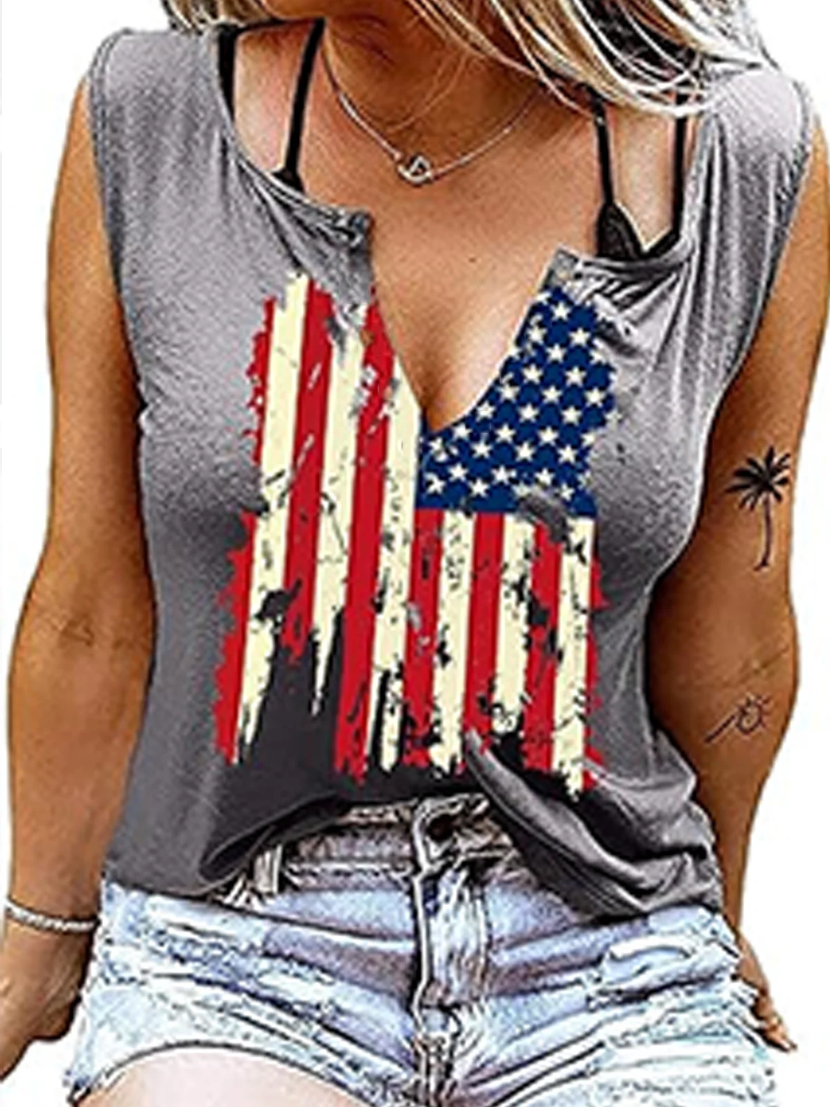 Casual Notched America Flag Tank Top
