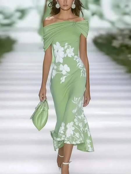 Women Floral Summer Printing Dress Cold Shoulder Cap Sleeve H-Line Dress