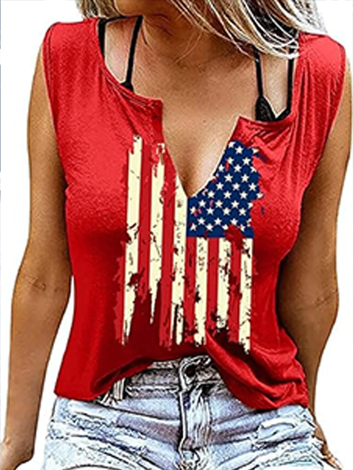 Casual Notched America Flag Tank Top