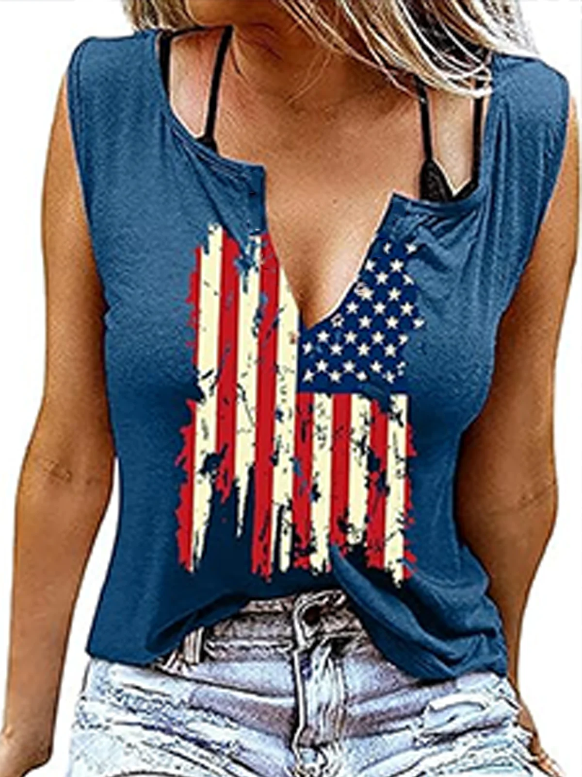 Casual Notched America Flag Tank Top