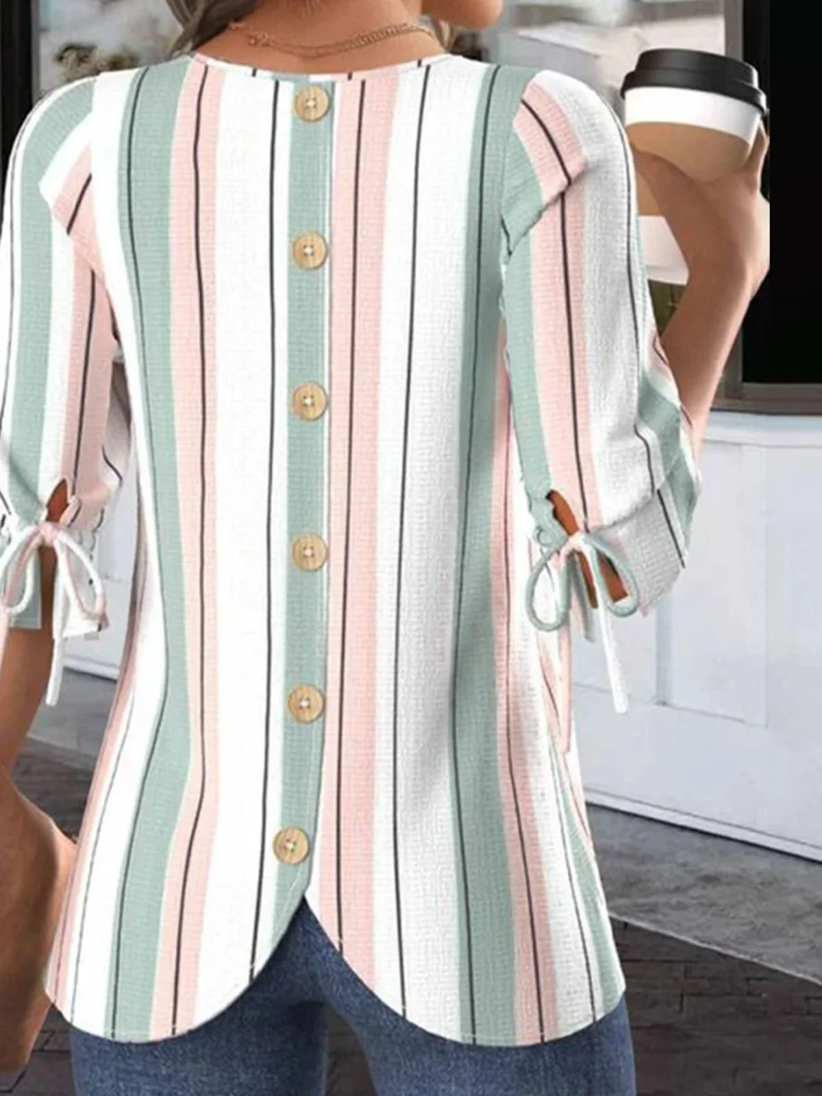 Crew Neck Balloon Sleeve Half Sleeve Striped Regular Micro-Elasticity Regular Fit Blouse For Women