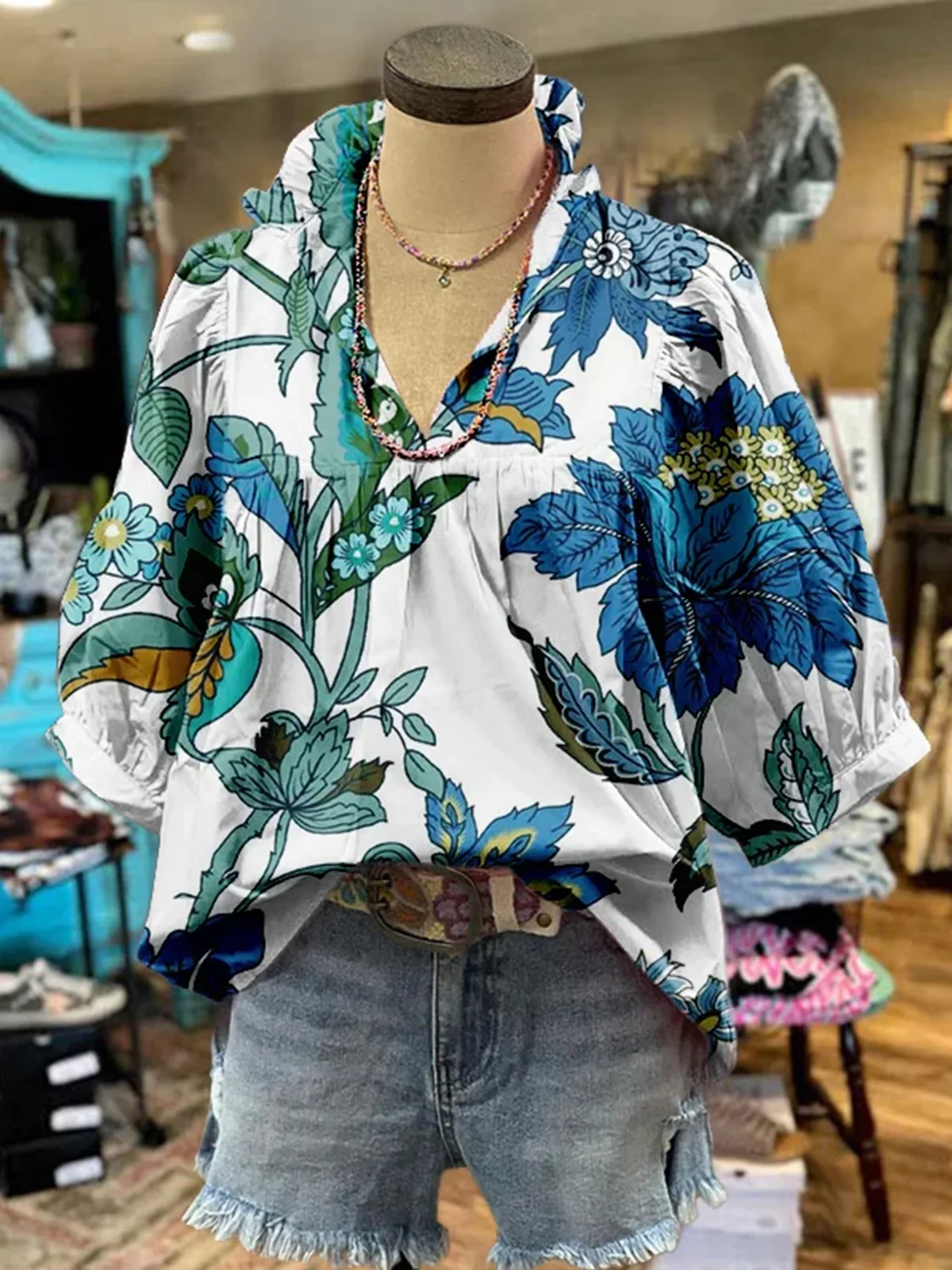 Shawl Collar Half Sleeve Floral Regular Loose Blouse For Women
