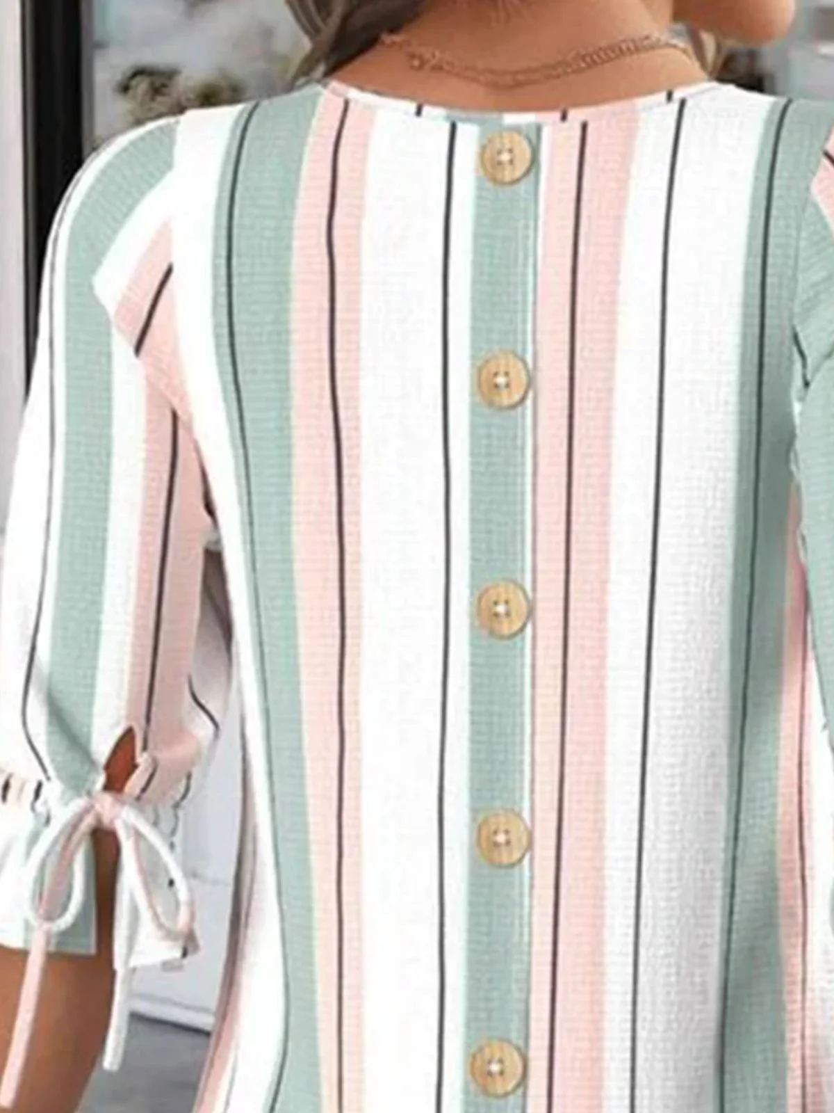 Crew Neck Balloon Sleeve Half Sleeve Striped Regular Micro-Elasticity Regular Fit Blouse For Women