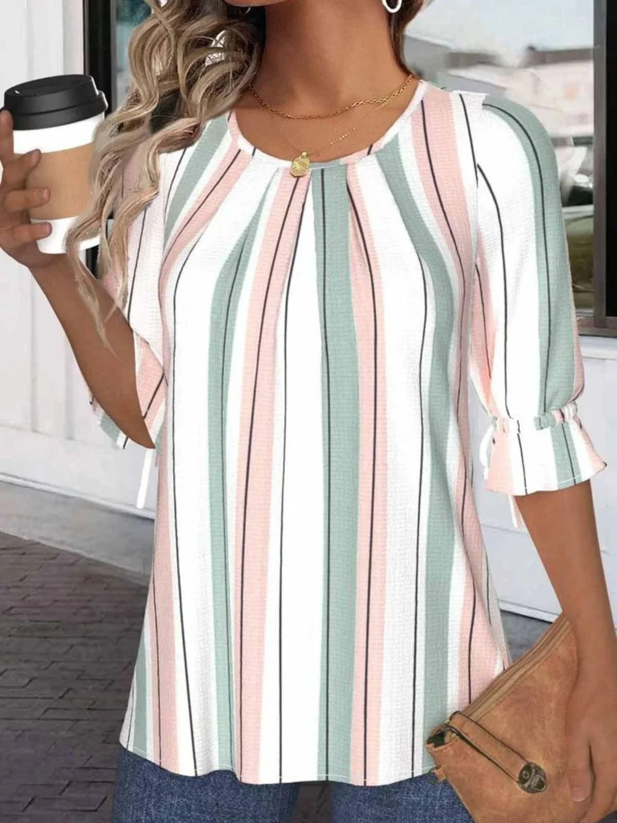 Crew Neck Balloon Sleeve Half Sleeve Striped Regular Micro-Elasticity Regular Fit Blouse For Women