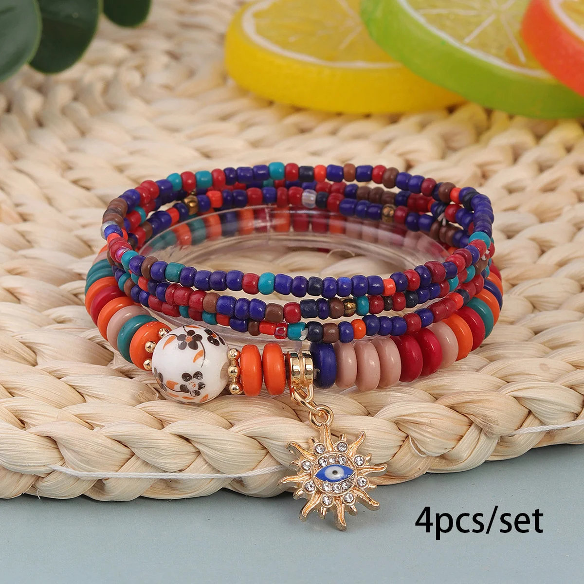 Hot Selling Bohemian Style Multi-layer Rice Bead Bracelet Stacked With Evil Eye Pendant Handmade Adjustable Jewelry