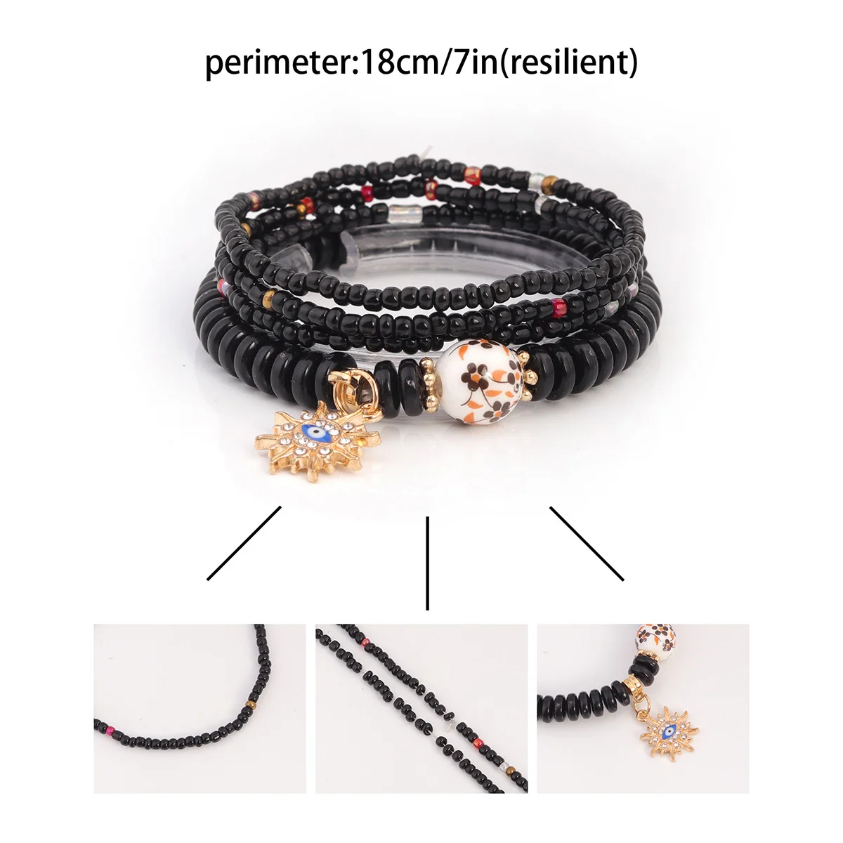 Hot Selling Bohemian Style Multi-layer Rice Bead Bracelet Stacked With Evil Eye Pendant Handmade Adjustable Jewelry