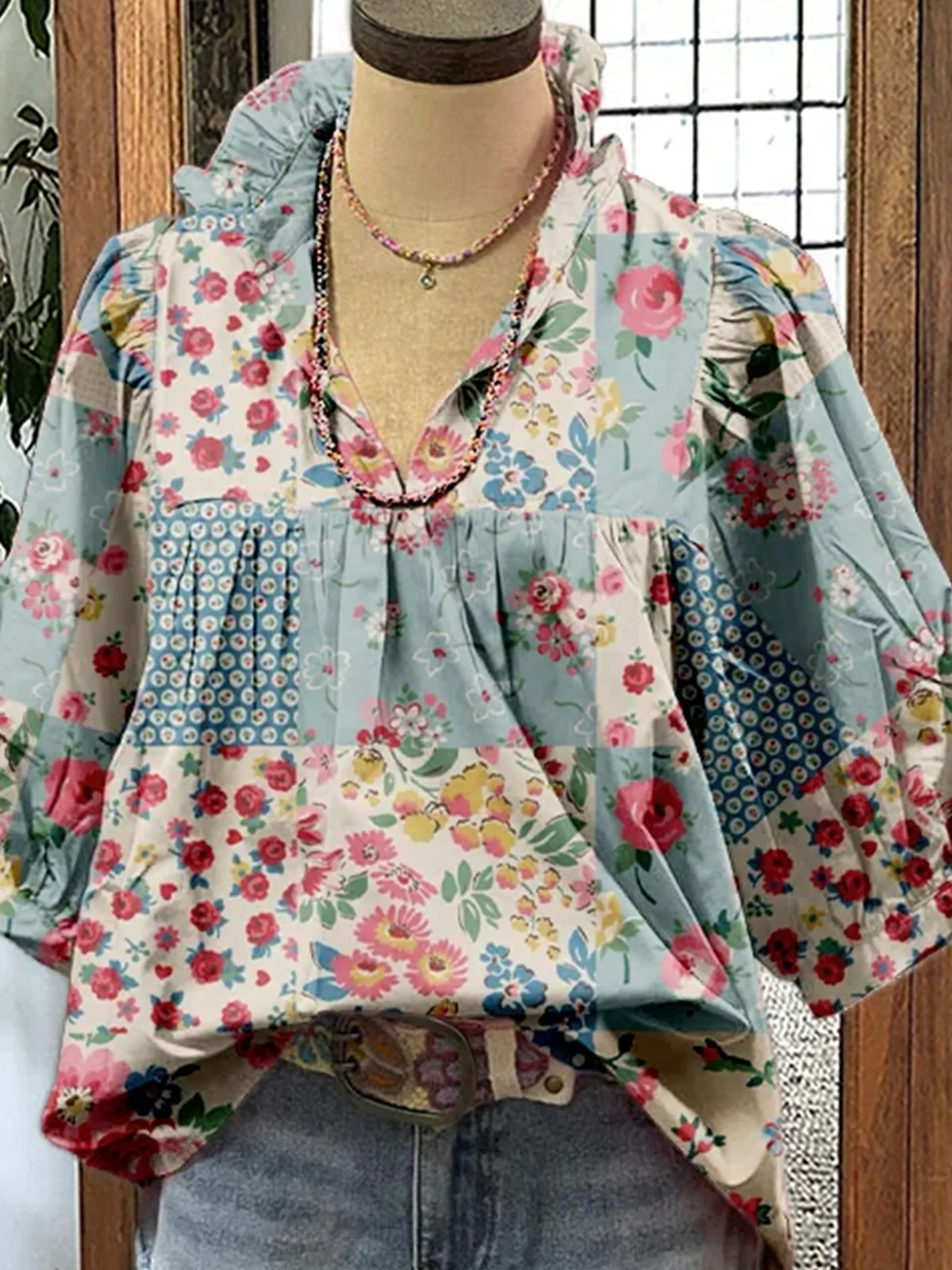 Shawl Collar Half Sleeve Floral Regular Loose Blouse For Women