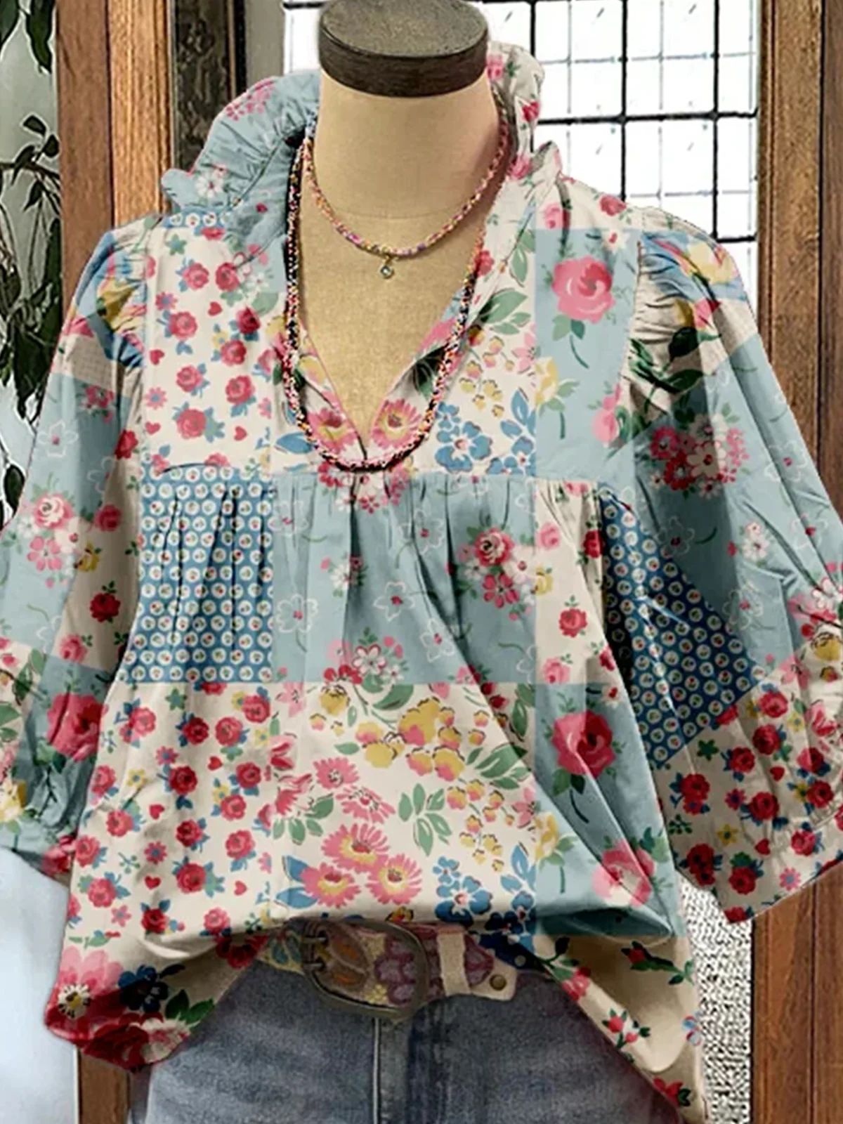 Shawl Collar Half Sleeve Floral Regular Loose Blouse For Women