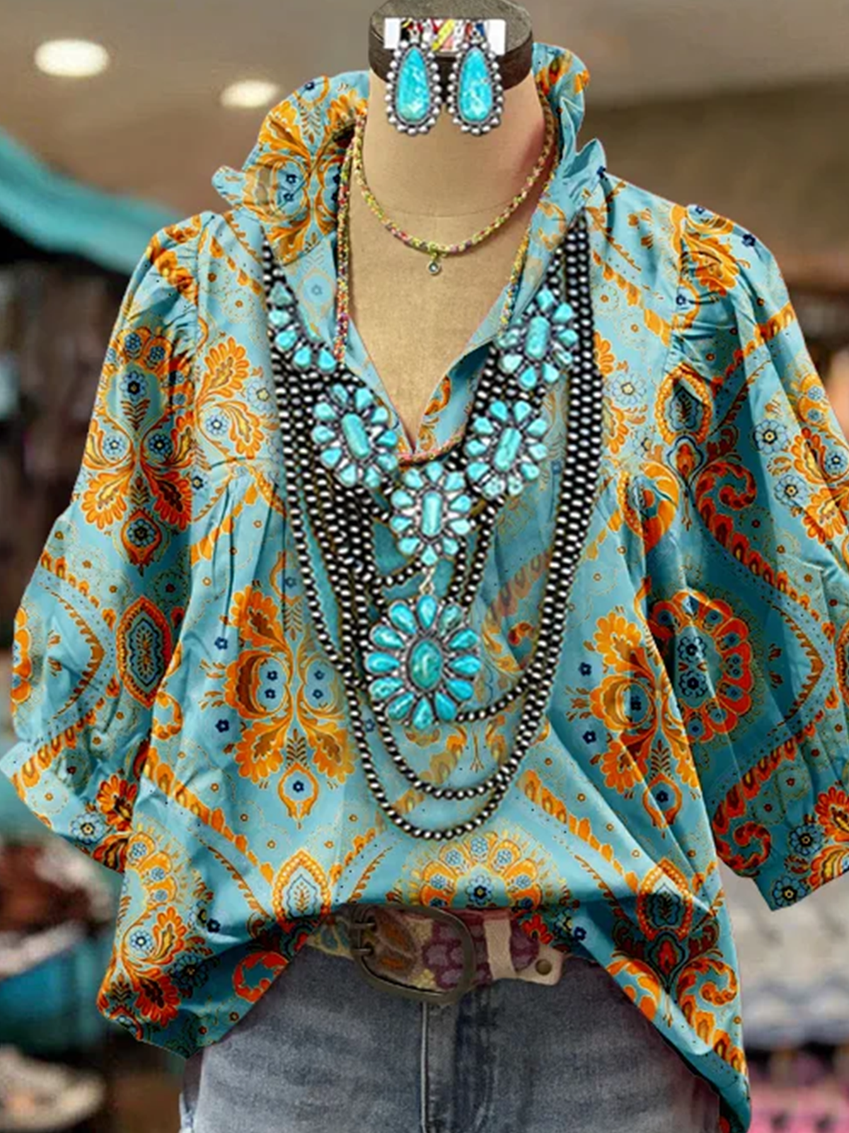 Shawl Collar Half Sleeve Ethnic Regular Loose Blouse For Women