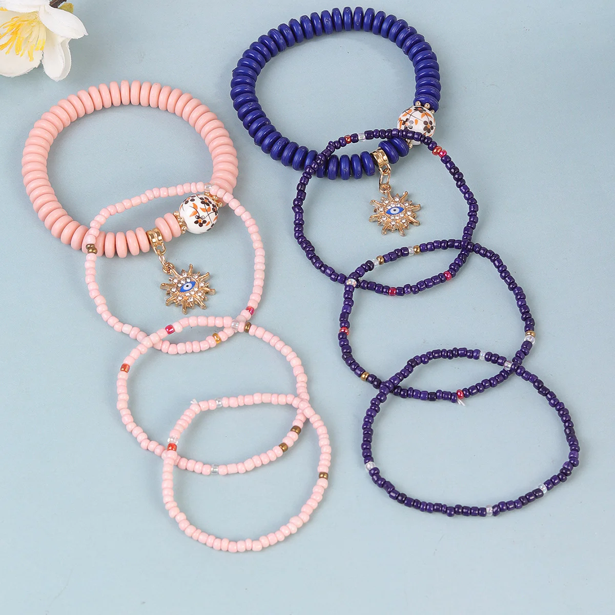 Hot Selling Bohemian Style Multi-layer Rice Bead Bracelet Stacked With Evil Eye Pendant Handmade Adjustable Jewelry