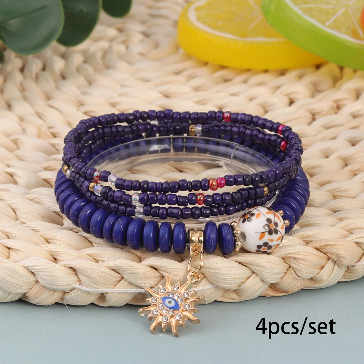 Hot Selling Bohemian Style Multi-layer Rice Bead Bracelet Stacked With Evil Eye Pendant Handmade Adjustable Jewelry
